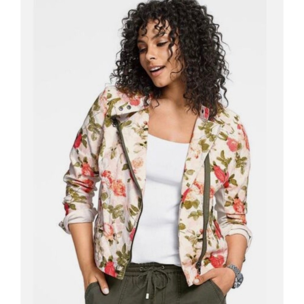Lane Bryant 14 Floral Moto Jacket Romantic Rose Print Biker Cottagecore